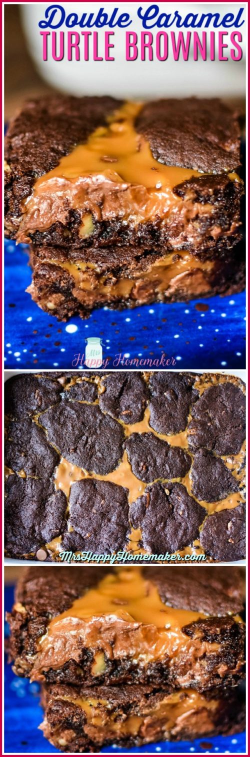 Double Caramel Turtle Brownies | MrsHappyHomemaker.com