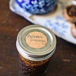 homemade balsamic dressing in a labeled mason jar