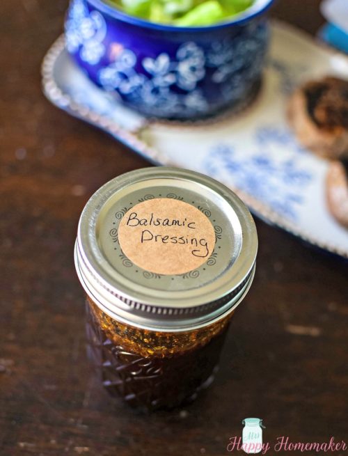 homemade balsamic dressing in a labeled mason jar