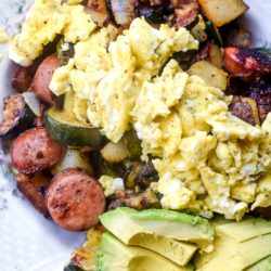Chicken Sausage and Veggie Breakfast Hash with sliced avocado and eggs | MrsHappyHomemaker.com