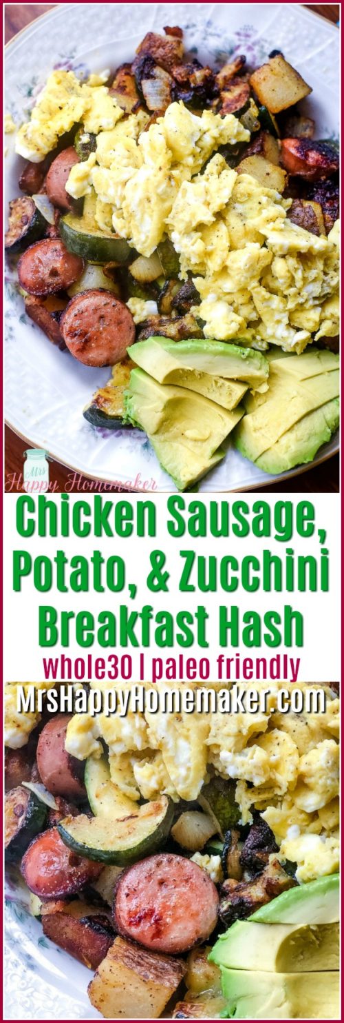 Chicken Sausage and Veggie Breakfast Hash | MrsHappyHomemaker.com @mrshappyhomemaker #breakfasthash #whole30 #chickensausage #breakfast #brunch