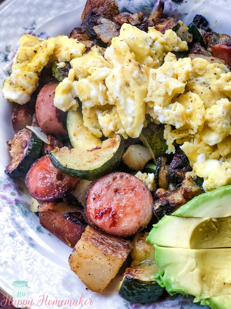 Chicken Sausage and Veggie Breakfast Hash with sliced avocado and eggs | MrsHappyHomemaker.com 