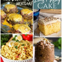 Meal Plan Monday collage of taco meatloaf, Elvis Presley cake, macaroni salad, and chocolate oats