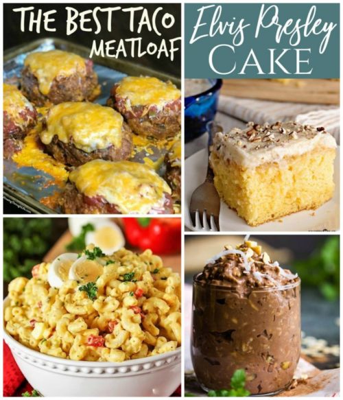 Meal Plan Monday collage of taco meatloaf, Elvis Presley cake, macaroni salad, and chocolate oats