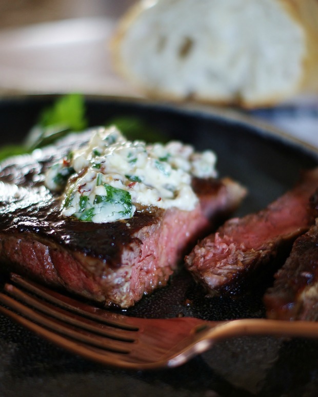 steak with herbed butter goat cheese and bacon 