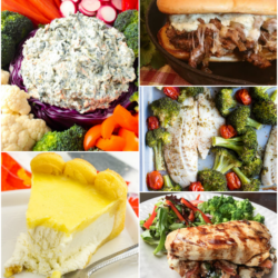 Meal Plan Monday featured recipe collage of Pepper Jack Steak Sandwiches, Tilapia and Broccoli Sheet Pan Meals, Stuffed Chicken Breasts, No Bake Cheesecake recipes and Spinach Dip