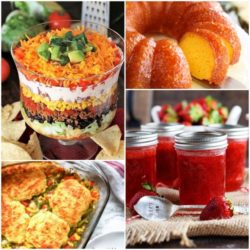 Meal Plan Monday featured recipe collage of jam, layered salad, cake, and meat and veggie casserole