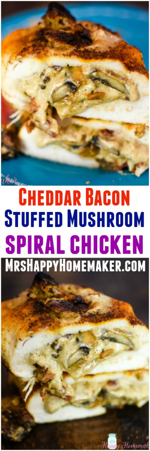 Stuffed Mushroom Spiral Chicken - I took my cheddar bacon stuffed mushrooms and turned them into a filling for this spiral chicken recipe. It's so good! | MrsHappyHomemaker.com
