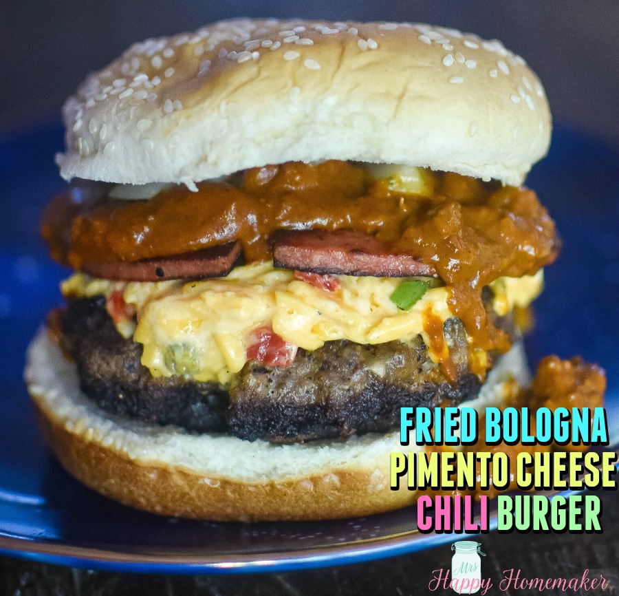 Fried Bologna Pimento Cheese Chili Burger | MrsHappyHomemaker.com