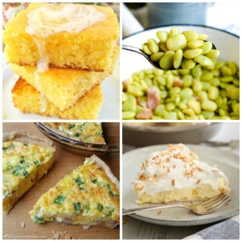 meal plan Monday collage of cornbread, quiche beans, and pie