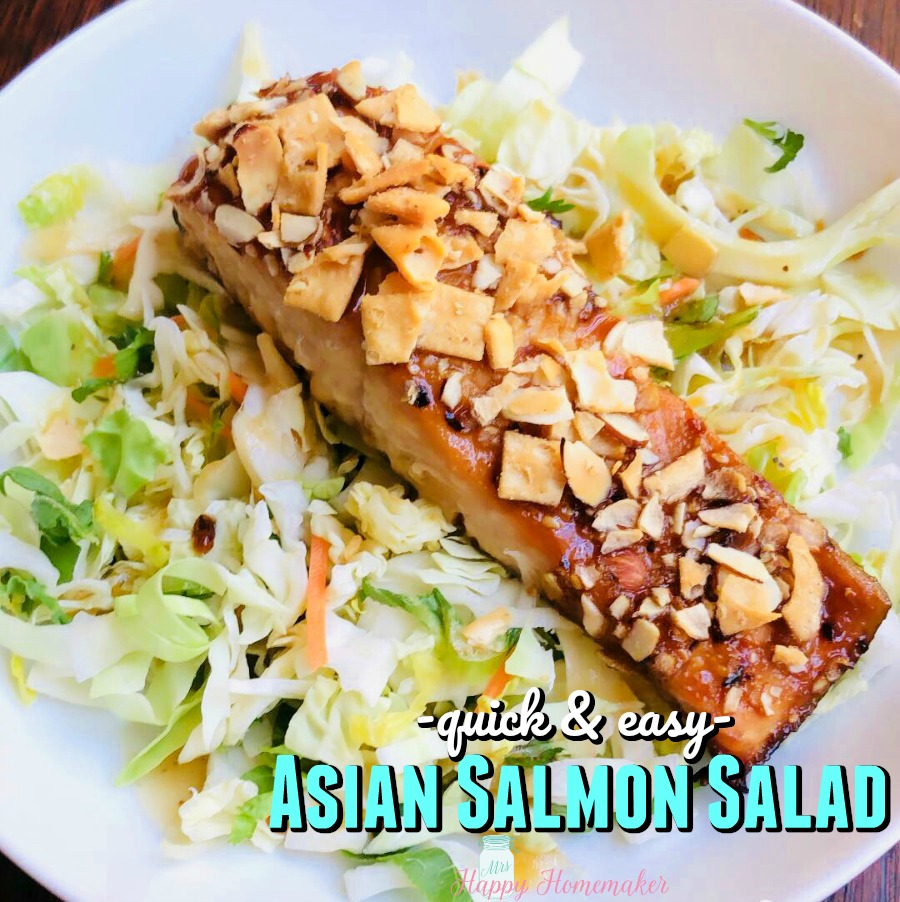 This Quick & Easy Asian Salmon Salad is so easy to throw together. It starts off with a chopped salad kit & is a delicious lunch hack! | MrsHappyHomemaker.com @thathousewife