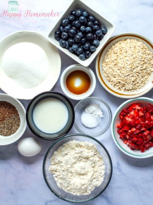 Berry Chia Bars ingredients on a white countertop