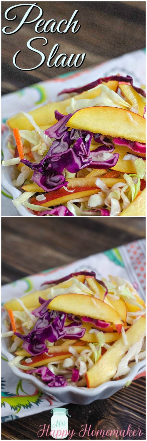 This Fresh Peach Slaw is light, refreshing, and oh so good. All you need is 4 ingredients plus salt and pepper too – easy peasy! | MrsHappyHomemaker.com @MrsHappyHomemaker