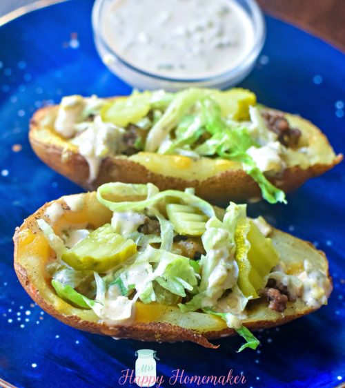 Big Mac Potato Skins - potato skins with Big Mac toppings beef, special sauce, pickles lettuce and sesame seeds