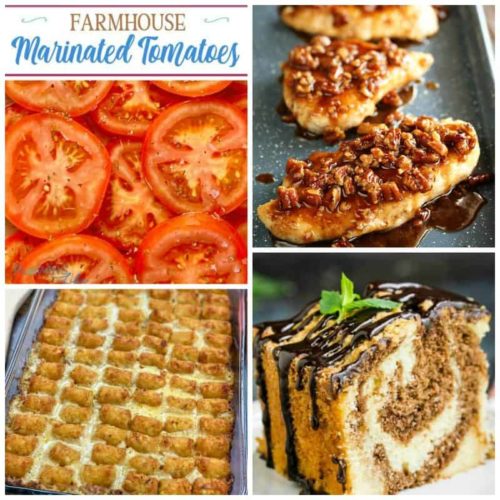 Meal Plan Monday #178 collage with marinated tomatoes, tater tot casserole, marbled cake, & pecan chicken