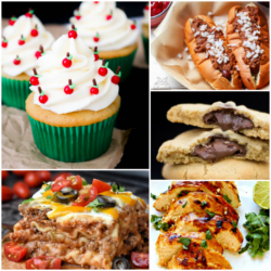 meal plan Monday recipe collage with cupcakes, hot dogs, cookies, chicken, and enchilada lasagna