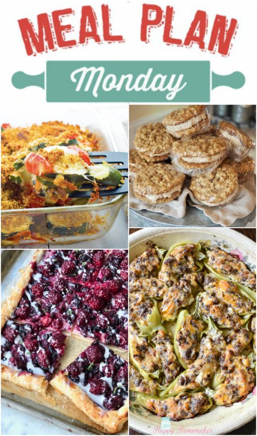 meal plan Monday collage with stuffed banana peppers, cookies, zucchini casserole, and a blackberry danish