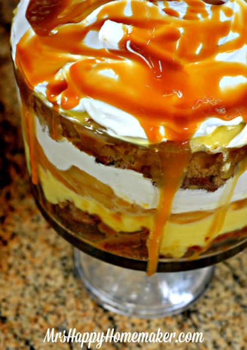 Caramel Apple Trifle with caramel dripping down the trifle dish