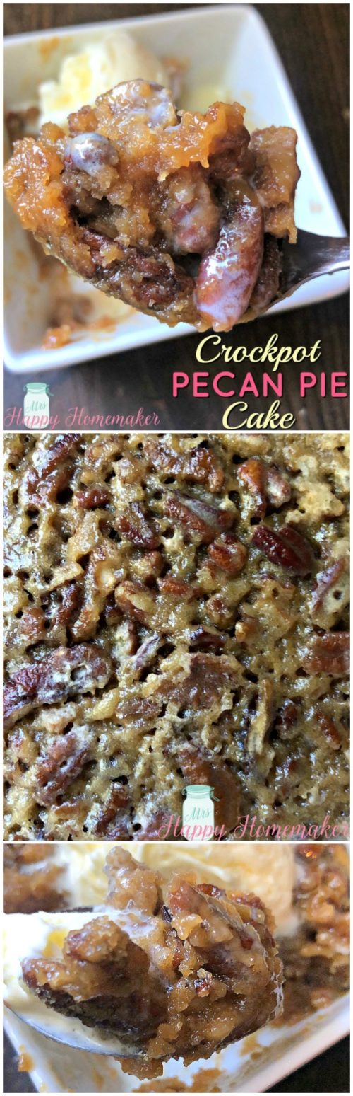 Crockpot Pecan Pie Cake - just 6 ingredients is all you need to make this delicious slow cooker recipe that tastes just like a crustless pecan pie! | MrsHappyHomemaker.com @MrsHappyHomemaker