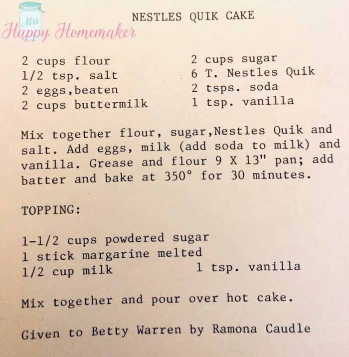 Nestle Quik Chocolate Cake cookbook recipe page