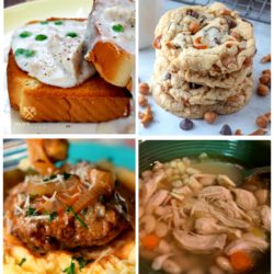 Meal Plan Monday Collage of 4 images - SOS, hamburger steak, cookies, and chicken soup