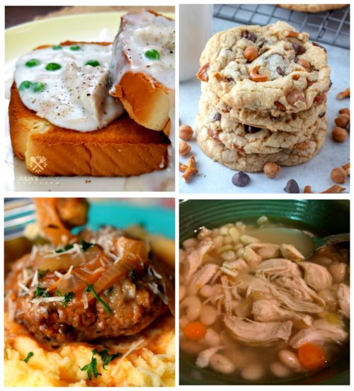 Meal Plan Monday Collage of 4 images - SOS, hamburger steak, cookies, and chicken soup