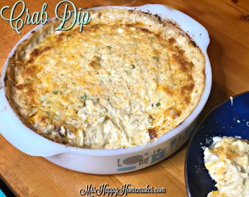 Hot Cheesy Crab Dip in a vintage pyrex dish