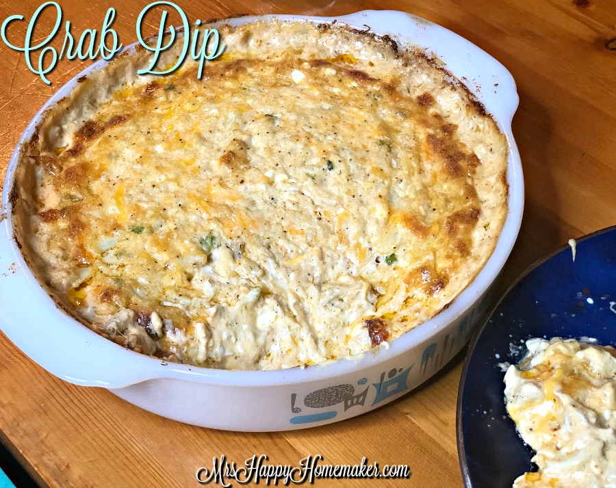 Hot Cheesy Crab Dip in a vintage round pyrex dish