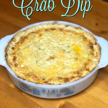 Hot Cheesy Crab Dip in a vintage round pyrex dish