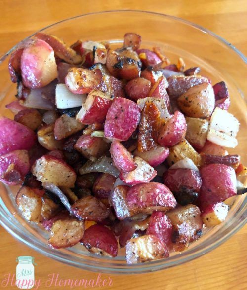 Bacon Fried Radishes in a bowl