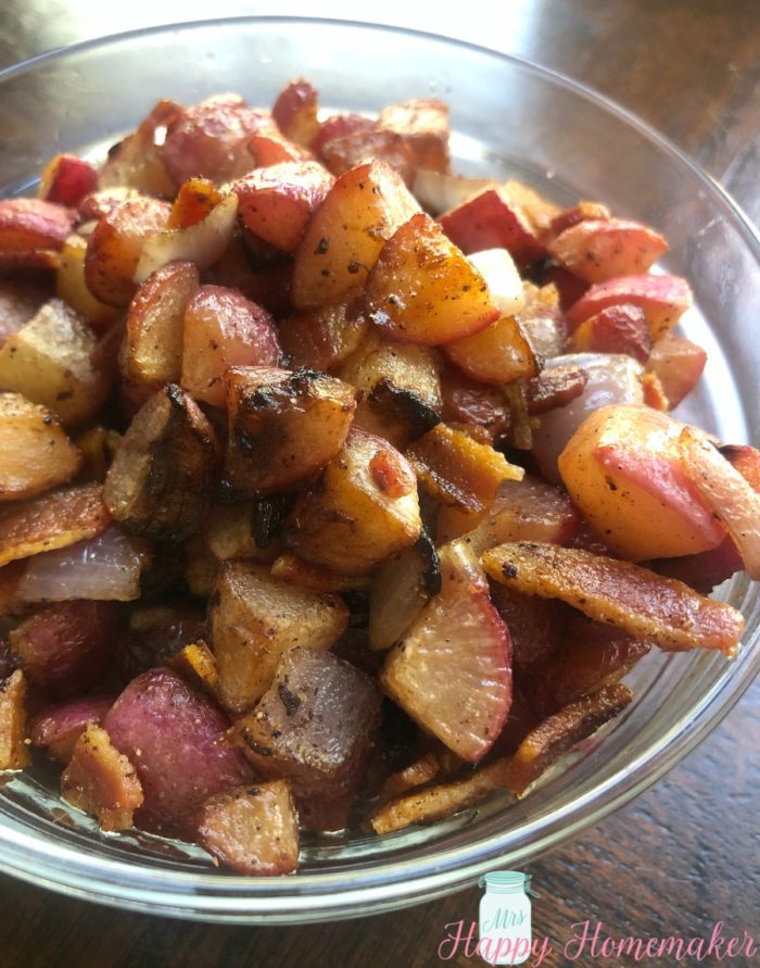Home Fried Radishes with Bacon in a bowl