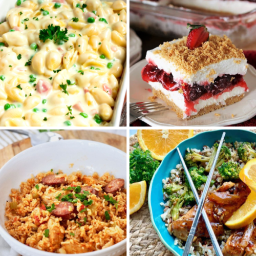 Meal Plan Monday collage of 4 recipes - Mac and cheese, cherry icebox pie, sausage and rice, and Chinese food
