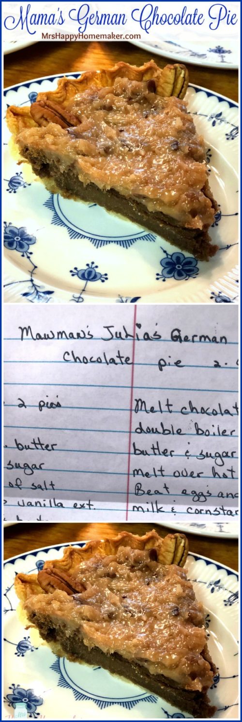 Mama's German Chocolate Pie and a recipe card for it