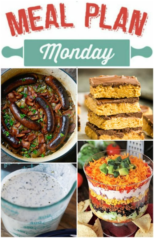 Meal Plan Monday collage of Dublin coddle, buckeye bars, dressing and layered salad