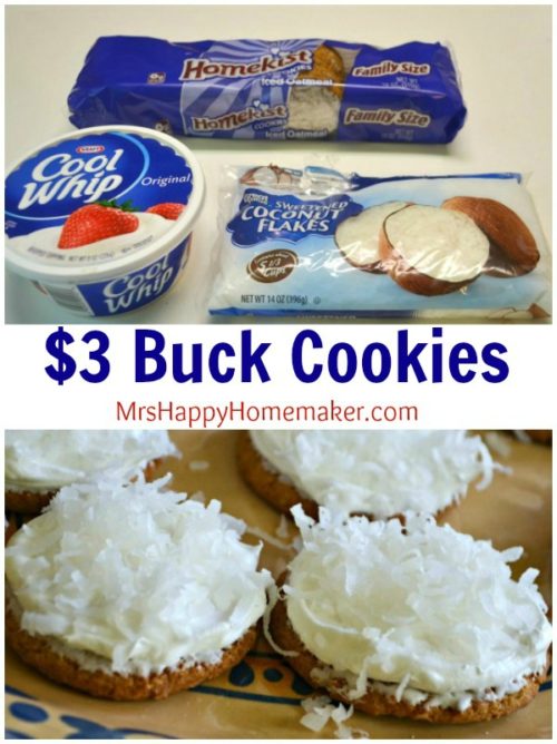 The top image is cool whip, oatmeal cookies, and coconut. the bottom image is the finished $3 buck cookies