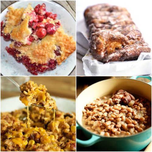 Meal Plan Monday Cover Image with Cobbler, Bread, Corn, and Beans