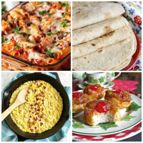 meal plan Monday featured collage image with pasta, tortillas, corn, and puffs