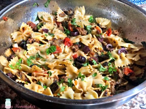 Sausage and Eggplant Pasta Salad in a bowl