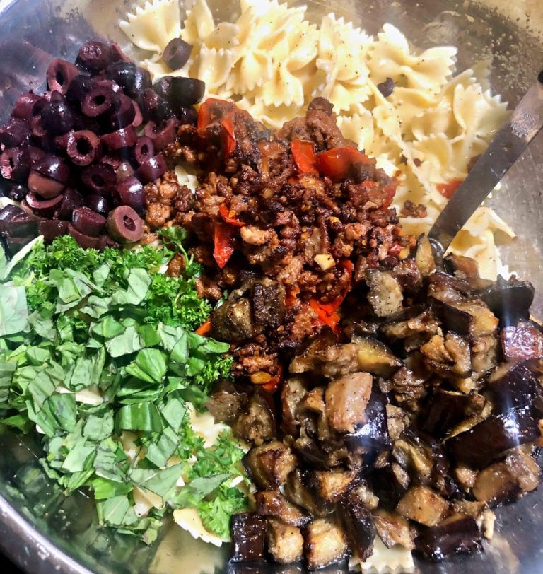 Sausage and Eggplant Greek Pasta Salad Mrs Happy Homemaker