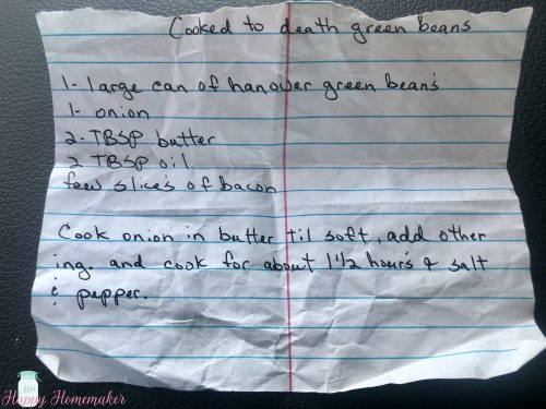 Mama's Cooked to Death Green Beans handwritten recipe on a piece of paper