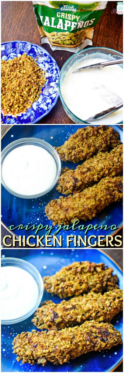 Crispy Jalapeno Chicken fingers on a blue plate