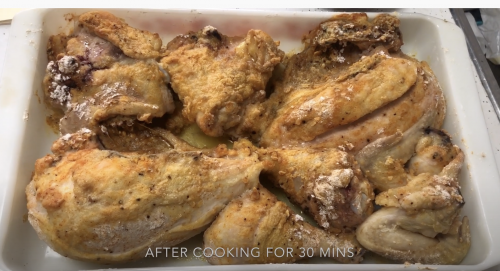 Baked chicken in butter and cream in a casserole dish