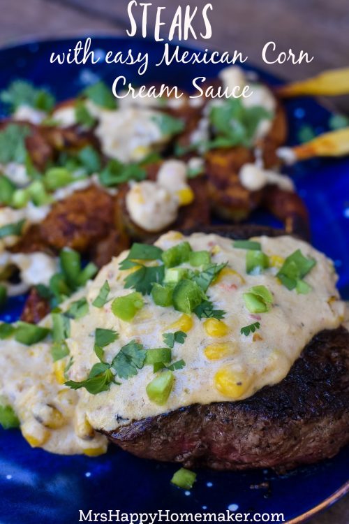 Steaks with easy Mexican corn cream sauce