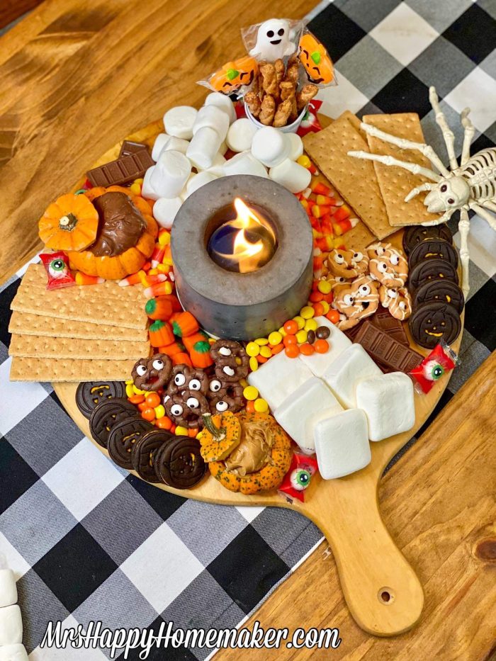 Halloween S’mores Board with an indoor fire pit in the middle.