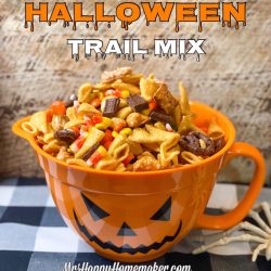 Halloween trail mix in a jack o lantern bowl