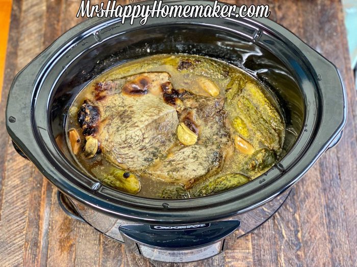 Dill pickle pot roast in the crockpot
