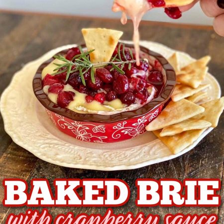 Baked Brie with Cranberry Sauce on top - a hand is using a pita chip to dip inside it