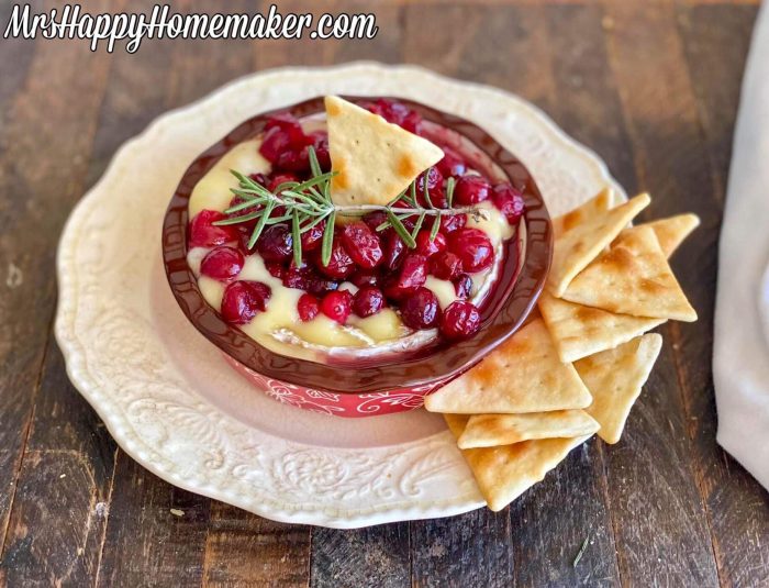 Baked Brie with cranberry sauce on top - with a stack of pita crackers beside of it 