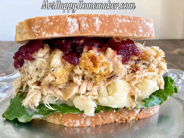 Thanksgiving Sandwich - turkey, dressing, cranberry sauce, gravy on white bread 
