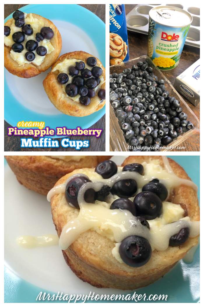 Creamy Pineapple Blueberry Muffin Cups made with 4 ingredients and one of them is a can of cinnamon rolls 